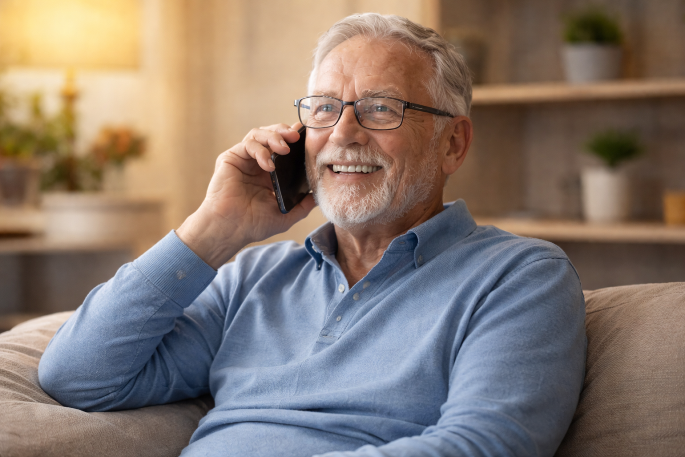 La paix pour les seniors Homme âgé souriant au téléphone, assis sur un canapé dans un cadre intérieur chaleureux.