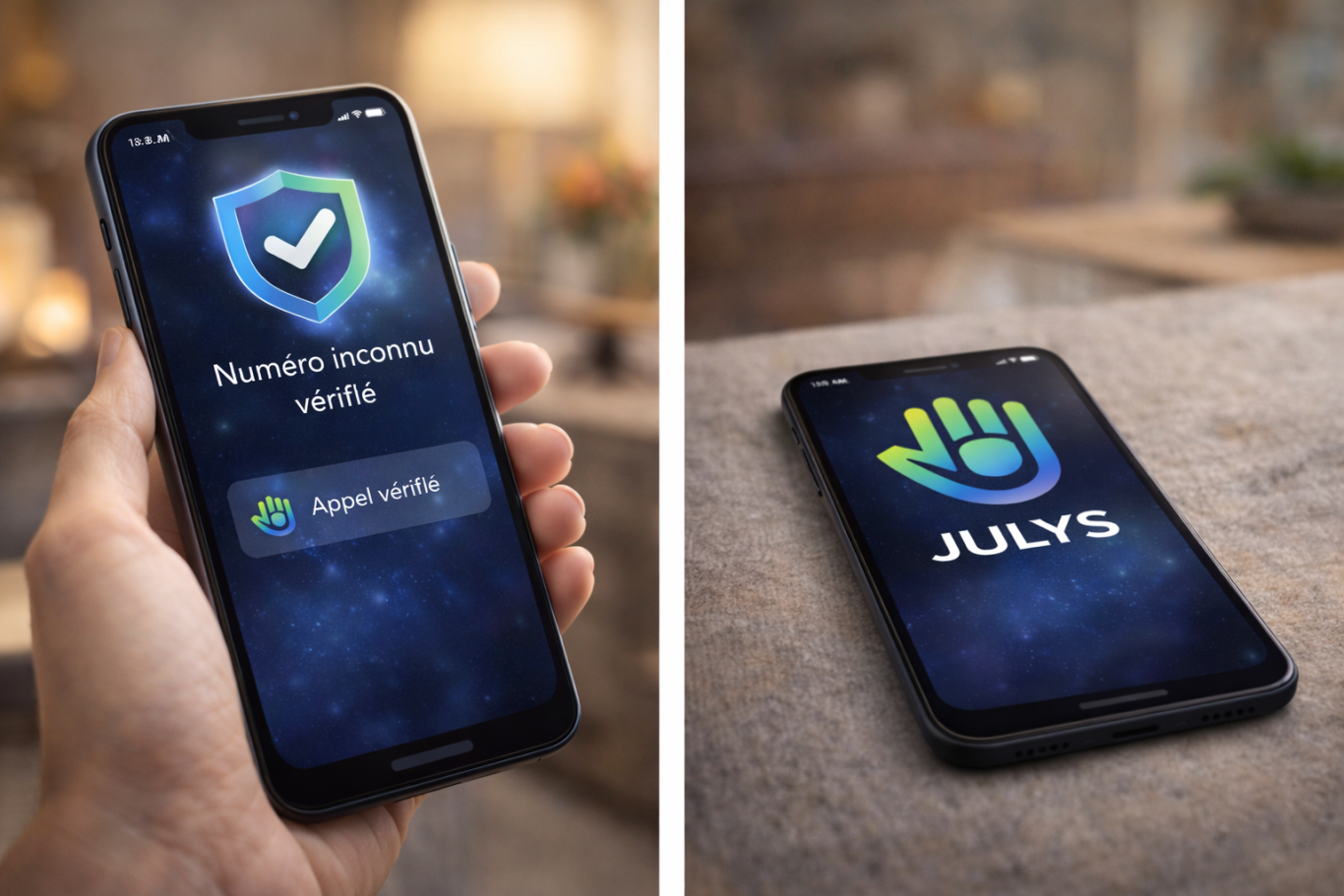 Les appels inconnus sont vérifiés par un agent humain Un smartphone affichant une application de sécurité avec un logo et un fond stylisé.